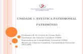 UNIDADE 1- ESTÁTICA PATRIMONIAL PATRIMÔNIO Professora M. Sc. Crísley do Carmo Dalto Graduação em Ciências Contábeis (UFES) Especialista em Contabilidade.