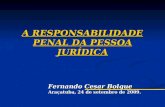 A RESPONSABILIDADE PENAL DA PESSOA JURÍDICA Fernando Cesar Bolque Araçatuba, 24 de setembro de 2009.