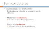Semicondutores  Classificação de Materiais  Definida em relação à condutividade elétrica condutores  Materiais condutores Facilita o fluxo de carga.