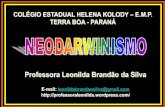 Professora Leonilda Brandão da Silva · A evolução dos lebistes •Machos + coloridos atrai e fecunda + fêmeas, mas tb são + evidentes, em geral, morrem antes de se reproduzir.