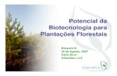 Potencial da Biotecnologia para Plantações Florestais · Agenda Oportunidades ao uso de biotecnologia para produção de fibras e alimentos Uma perspectiva do progresso e impacto