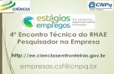 4º Encontro Técnico do RHAE Pesquisador na Empresarhae.cnpq.br/wp-content/uploads/2013/11/csf-estagios-e-empregos.pdf · oferecer vagas de estágio e emprego no Brasil ou no exterior,