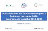 Oportunidades de financiamento para a Saúde no Horizonte 2020 · Oportunidades de financiamento para a Saúde no Horizonte 2020: programa de trabalho 2018-2020 Roadshow Outubro 2017.