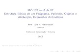 MC-102 Aula 02 Estrutura Básica de um Programa, Variáveis ...bit/mc102/aulas/aula02.pdf · Roteiro 1 Shell Interativa 2 Estrutura de um Programa em Python 3 Objetos, Vari aveis