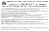 COMUNICADO DE DIVULGAÇÃO DOS RESULTADOS ......A Prefeitura Municipal de Barão de Antonina, torna público os resultados das provas objetivas realizadas no dia 15 de maio de 2016,