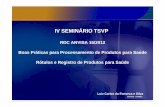 IV SEMINÁRIO TSVP · 2017. 3. 7. · Dispõe sobre as diretrizes para elaboração, ... reprocessamento de produtos médicos críticos e semi-críticos devem elaborar, ... processamento,